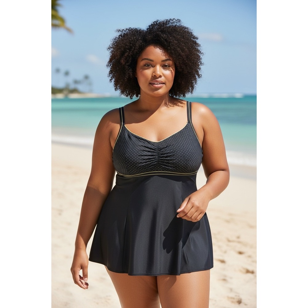 Catherines Black Polka Dot Swim Dress Plus Size 30W One Piece Swimsuit